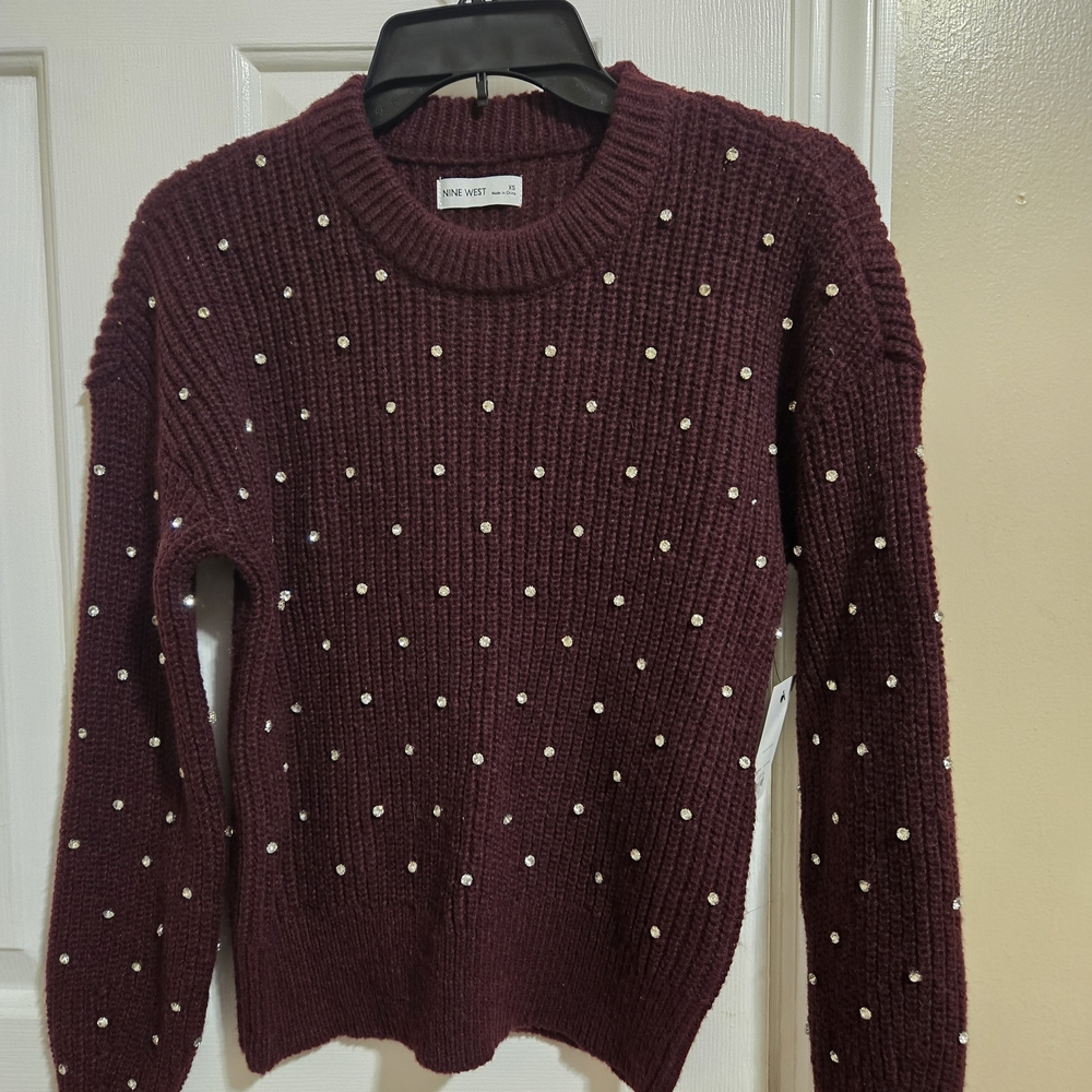 Nine West Women's Maroon/Plum Sweater with Pearl Accents